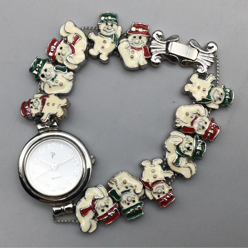 Snowman Womens Watch 24mm Christmas Slide Charm Bracelet New Battery 6.5